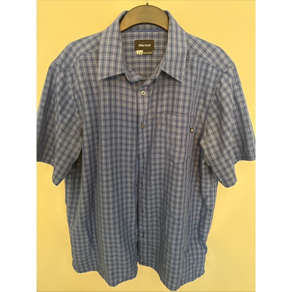 Marmot Mens Blue Plaid Short Sleeve Button Down Cotton Classic Shirt Size L